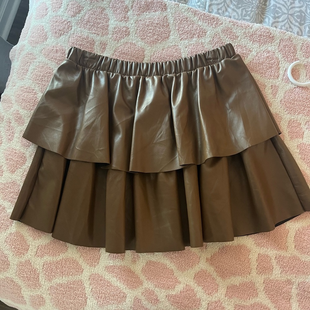 Brown leather ruffle skirt